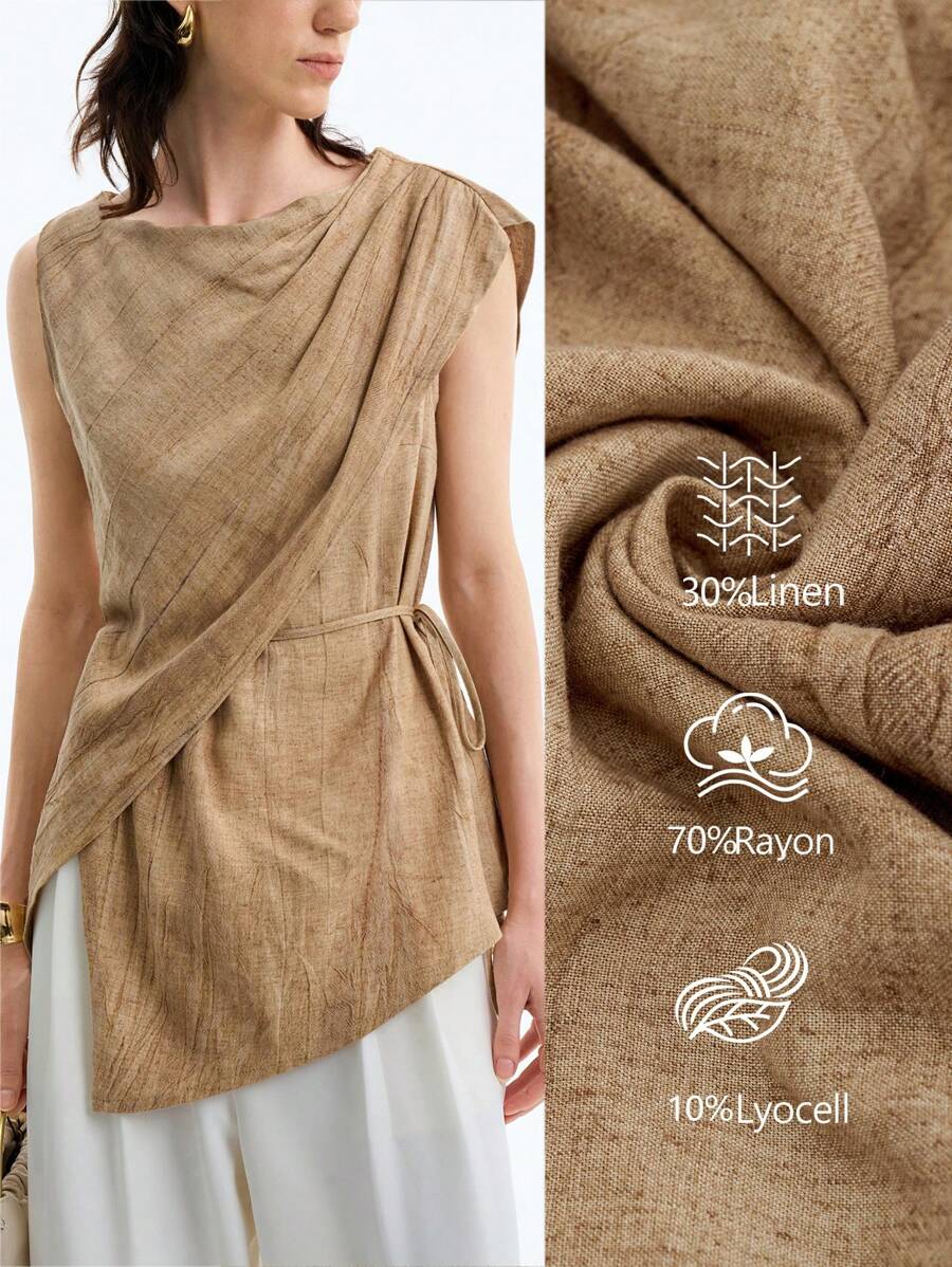 Aalyst 女士优雅简约亚麻衬衫，肩部褶饰细节，百搭，适合办公室、度假和休闲场合 - 卡其色 - 查看 1