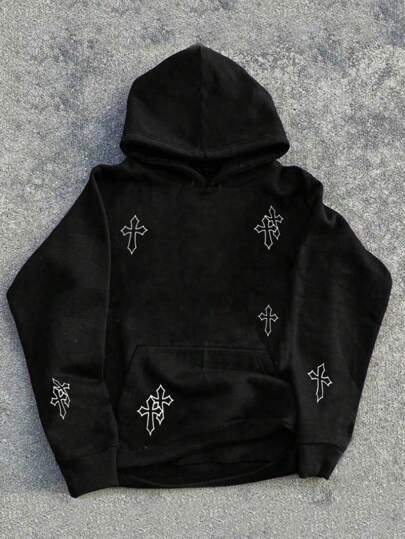 SHEIN Sudadera con capucha negra para adolescentes varones con estampado gráfico de color contrastante, casual, universitaria, cómoda, elegante, minimalista, versátil, de tela suave, adecuada para uso diario, escuela, viajes y deportes al aire libre