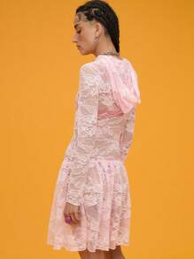 COUREZ Vestido mini con capucha y encaje de manga larga / Vestido de verano Outfits de verano para mujeres Vintage Y2K - Blanco - Ver 3