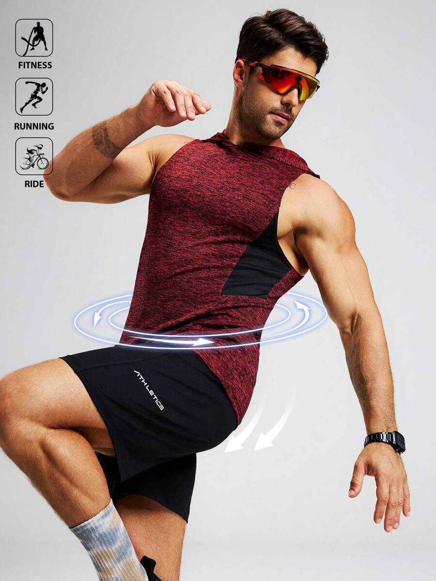 Manfinity Acti Log 男士撞色拼接连帽运动上衣压缩衣 - 紅色 - 查看 1