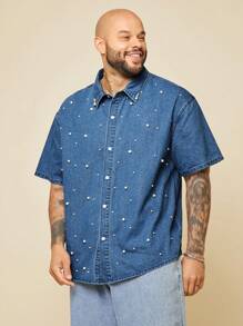 EASEVO Plus Size Men Casual Denim Shirt With Pearl Decor, Suitable For Summer