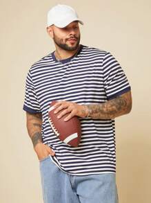 EASEVO Plus Size Men Casual Knit Crew Neck Striped Short Sleeve T-Shirt, Suitable For Summer