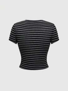 ROMWE J-Fashion Y2K 复古条纹水钻装饰修身女式 T 恤 - 黑色 - 查看 2