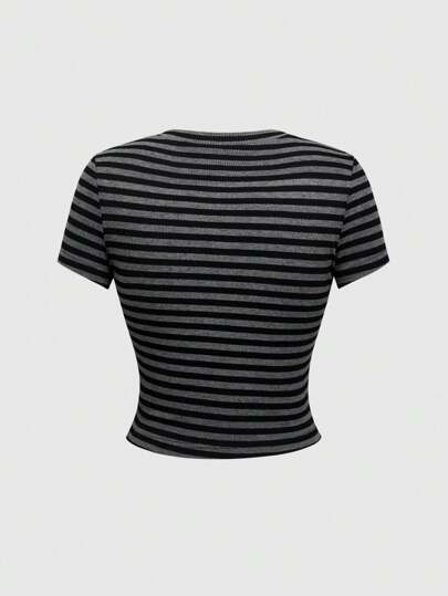 J-Fashion Camiseta ajustada con rayas y aplicaciones de strass para mujer talla grande, estilo retro Y2K