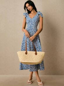 Poéselle Blue Floral Print Dress,Small Floral Dress,Women's Ditsy Floral Sleeveless Knotted Shoulder Maxi Dress, Elegant For Vacation Blue Summer Dress Women Blue Floral Dress Summer Long Dress Women,Suitable For Daily Wear, Going Out, Commuting, Dating, Vacation And Other Occasions,Poeselle