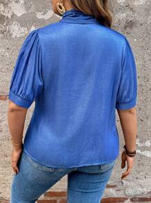 Flirla 大码复古牛仔风格蝴蝶结短袖女式衬衫 - 藍色 - 查看 2