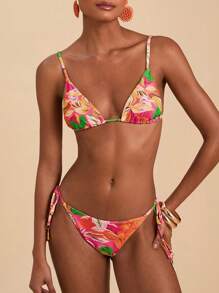 Travachic Summer Women's Tropical Plant Print Halter Neck Spaghetti Strap All-Over Print Triangle Bikini Set,Swimsuits For Woman,Bathing Suits For Women - Multicolor - View 5