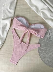 SHEIN Bikini da spiaggia a 2 pezzi, con top a fascia e slip da bagno in maglia jacquard, senza ferretto, con dettagli metallici, da donna