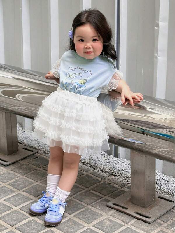DAZY 2pcs Baby Girl Cartoon Print Cap Sleeve T-Shirt And Tulle Puff Skirt Set