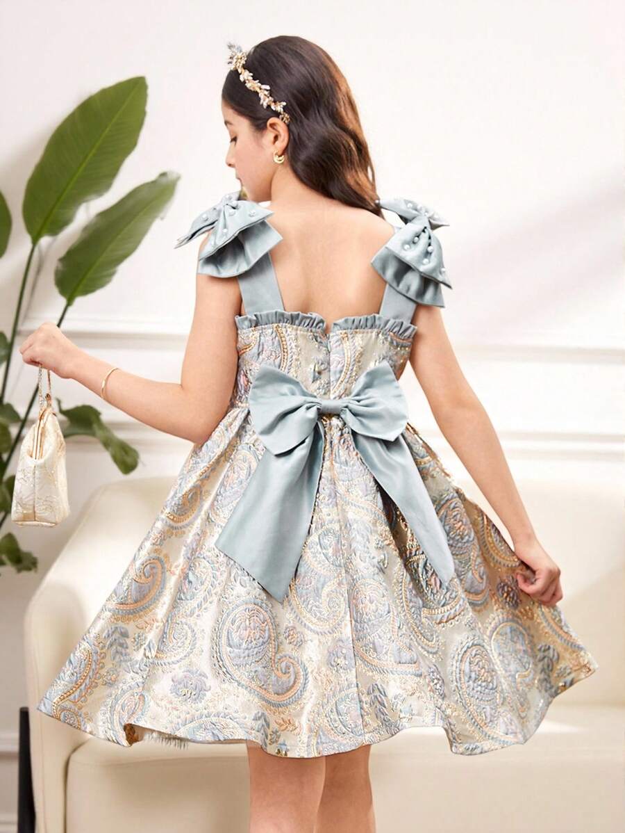 SHEIN 青少年女孩珍珠肩蝴蝶结后背蝴蝶结派对连衣裙，无袖