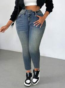 Firerie Plus Size Blue Stretch Skinny Cropped Denim Jeans - Dark Wash - View 4