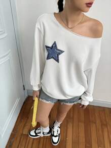 SHEIN 少女休闲舒适不对称领星形印花长袖卫衣 - 白色 - 查看 7