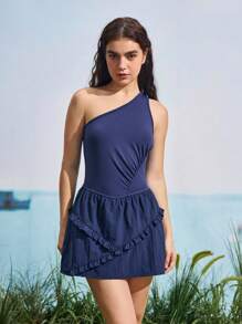 SHEIN In My Nature Women Solid Color Ruffle One-Shoulder Outdoor Dress