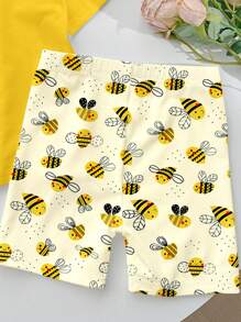 Happikins 2pcs Set: Casual Cute Cartoon Bee & Flower Print Short Sleeve Top And Cycling Shorts For Girls, Summer - Multicolor - View 6