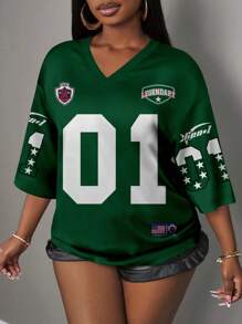 Slaydiva Casual Minimalist Letter & Number Graphic T-Shirt For Women, Summer Green - Green - View 5