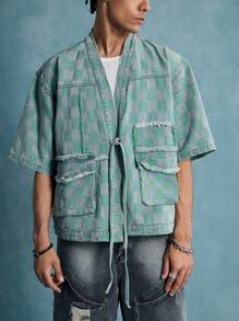 ROMWE MEN Anime 男士棋盘格印花打结口袋休闲短袖牛仔衬衫 - 綠色 - 查看 9