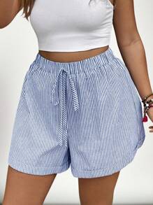 SHEIN VCAY Plus Size Elastic Waist Striped Casual Shorts - Blue - View 5