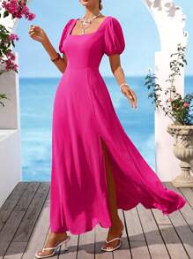 Vivid Eden Maxikleid für Damen Einfarbig, mit Webstruktur, offenem Rücken und Schleife