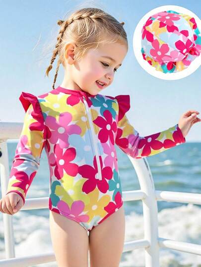 SHEIN 女婴碎花印花连体泳衣，度假/沙滩泳衣，女婴泳装，女童泳衣，连体泳衣，防紫外线