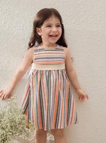 Blossori Adorable Casual Striped Sleeveless Dress For Baby Girls With Round Neck And Lace Detail - Multicolor - View 1