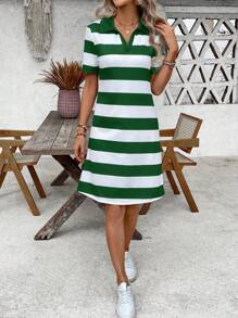 EMERY ROSE Váy dài ngang gối kẻ sọc màu đơn giản cho nữ, mùa hè - màu xanh lá - Xem 6
