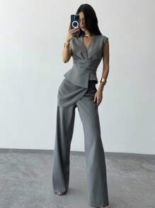 Firerie 女士休闲度假日常休闲优雅深灰色常规腰部二合一连体裤长款宽松直筒裤 - 獵人綠 - 查看 9