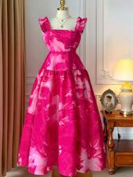 SHEIN Clasi Vestido largo de tirantes de espagueti, cuello cuadrado, con volantes en el bajo, cintura elástica y corte evasé, estampado elegante de teñido anudado, apto para primavera/verano, tallas grandes