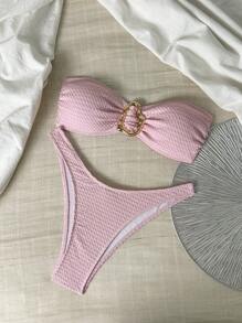 SHEIN Bikini da spiaggia a 2 pezzi, con top a fascia e slip da bagno in maglia jacquard, senza ferretto, con dettagli metallici, da donna