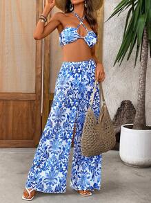 Swim Vcay 女士夏季度假休闲沙滩装印花系带吊带三件套比基尼套装比基尼套装 - 藍白色 - 查看 1