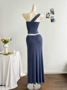 Soleia 女士两件套：金属花朵装饰紧身无袖上衣和高开衩金属花朵装饰裙，非常适合度假、海滩、约会、度假、音乐节、波西米亚风格 - 藍色 - 查看 2