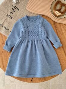 SHEIN Babygirl 可爱纯蓝色长袖针织毛衣裙，秋冬简约风格