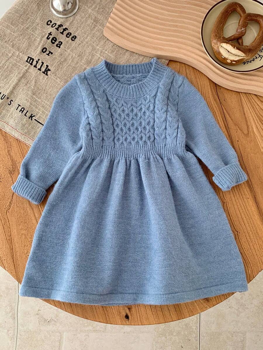 SHEIN Babygirl 可爱纯蓝色长袖针织毛衣裙，秋冬简约风格