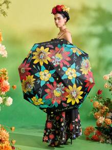 Frida Kahlo X SHEIN 1 pieza Paraguas con estampado floral de artista, con recubrimiento adhesivo negro antisolarde talla grande de 50 de protección UV, apto para la escuela, el trabajo, salir y uso diario, diseñado para estudiantes universitarios, estudiantes de secundaria y mujeres, floral, artístico, elegante