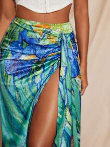 Armand Floral Printed Satin High Split Drape Maxi Skirt Women Summer Elegant Vacation Skirt - Multicolor - View 5