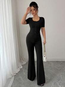 Elenzga 2pc Women Casual Commute Elegant Outfit - Button-Up Short Sleeve Top And Pants - Black - View 7