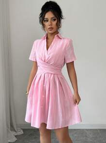 Rafferiza 女士优雅 V 领交叉系腰短袖条纹衬衫裙，休闲夏装