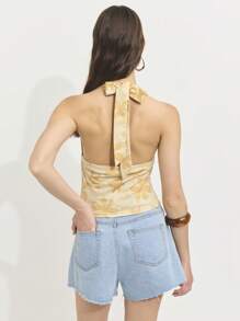 Nöista Beige Floral Halter Top,Pointed Hem Ruched Bust Summer Boho Vacation Holiday Lightweight Stretchy Fabric,Flattering Fit Festival 4th Of July Looks - Yellow - View 3