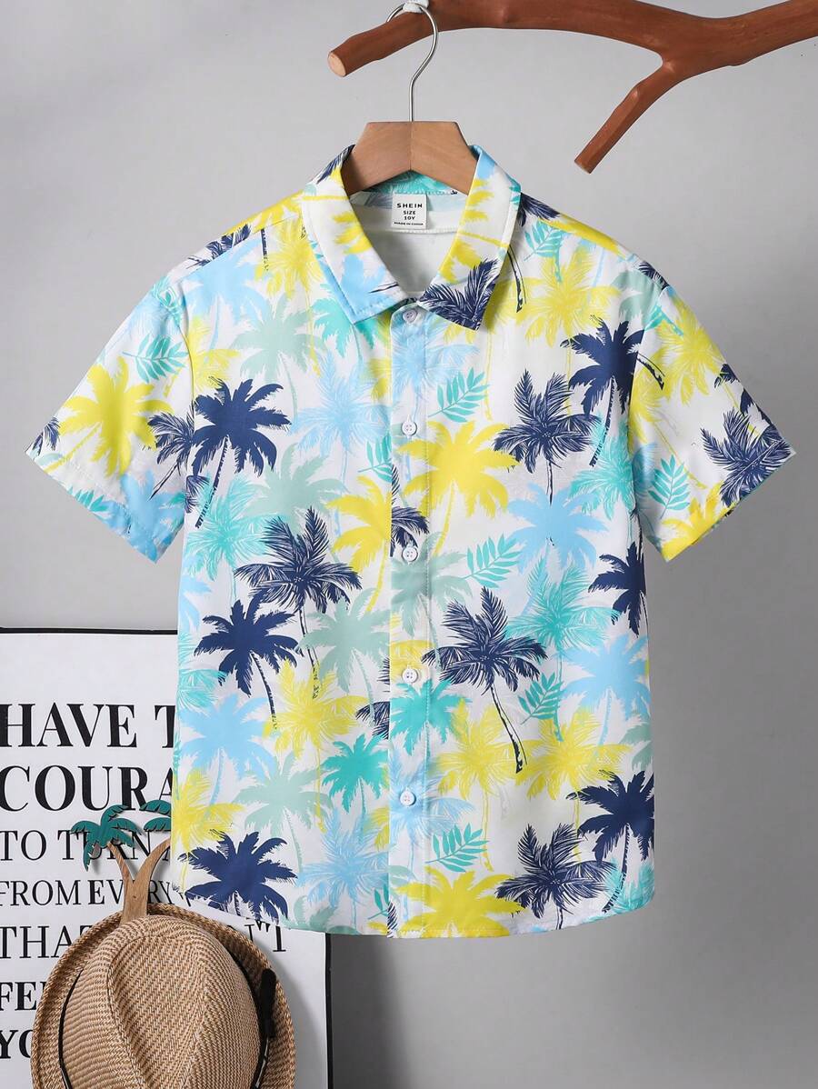 Camisa tejida de manga corta con cuello, estampado gráfico de árbol de coco, informal y de vacaciones para niño preadolescente - Multicolor - Ver 1