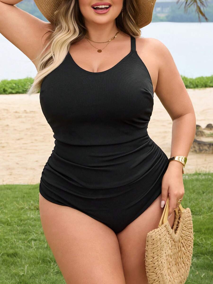 SHEIN CURVE+ Plus Size Women's One-Piece Swimsuit, Solid Color Swimming Costume For Summer Vacation - Black - View 1
