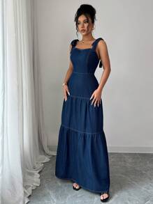 Elenzga 女式荷叶边下摆系带肩牛仔吊带裙 - 深色水洗藍 - 查看 3