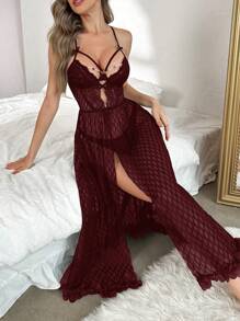 SilkySpell 珍珠链装饰蕾丝拼接提花性感长款睡袍