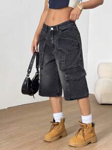 SHEIN 女式宽松阔腿休闲牛仔短裤，带刺绣和口袋