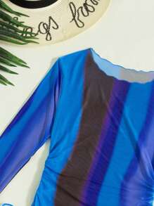 SHEIN Swim 夏季沙灘3件套背心三角領綁帶連身泳裝和遮陽服 - 藍色 - 查看 5