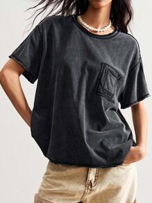 Bohemela 休闲纯色针织圆领短袖宽松水洗女式T恤 - 黑色 - 查看 7