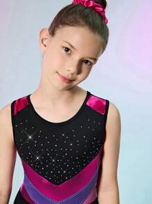 SHEIN 1pc Tween Girls' Rhinestone Splice Gymnastics Leotard, Popular Artistic Competition Performance Ballet Bodysuit, All Season - Multicolor - View 4