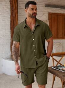 Manfinity Homme Plus Size Men's Solid Color Short Sleeve Shirt And Shorts Casual Set - Army Green - View 5