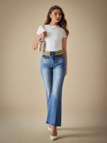 SHEIN BAE 女式休闲水洗牛仔喇叭裤，配腰带环 - 藍色 - 查看 6