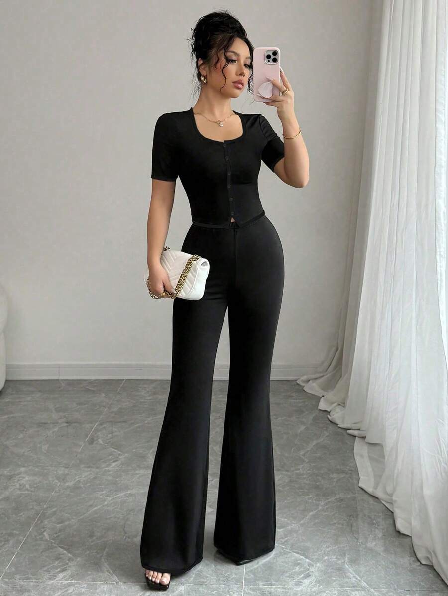 Elenzga 2pc Women Casual Commute Elegant Outfit - Button-Up Short Sleeve Top And Pants - Black - View 1