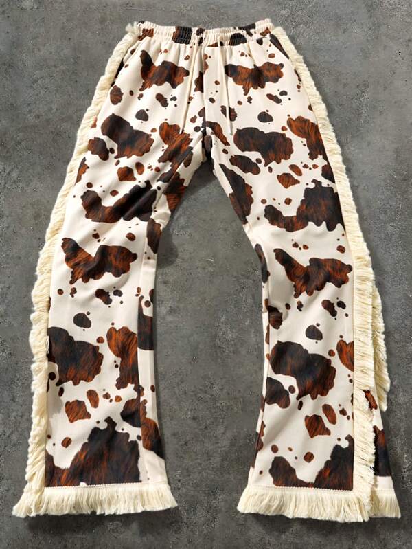 Manfinity EMRG Men's Creative Cow Print Fringe Hem Loose Casual Long Pants, Summer, For Back To School