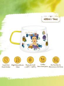 Frida Kahlo X SHEIN 1 pieza Taza de vidrio con gráfico floral y de figura, resistente al calor, apta para lavavajillas, adecuada para té, café, jugo y otras bebidas